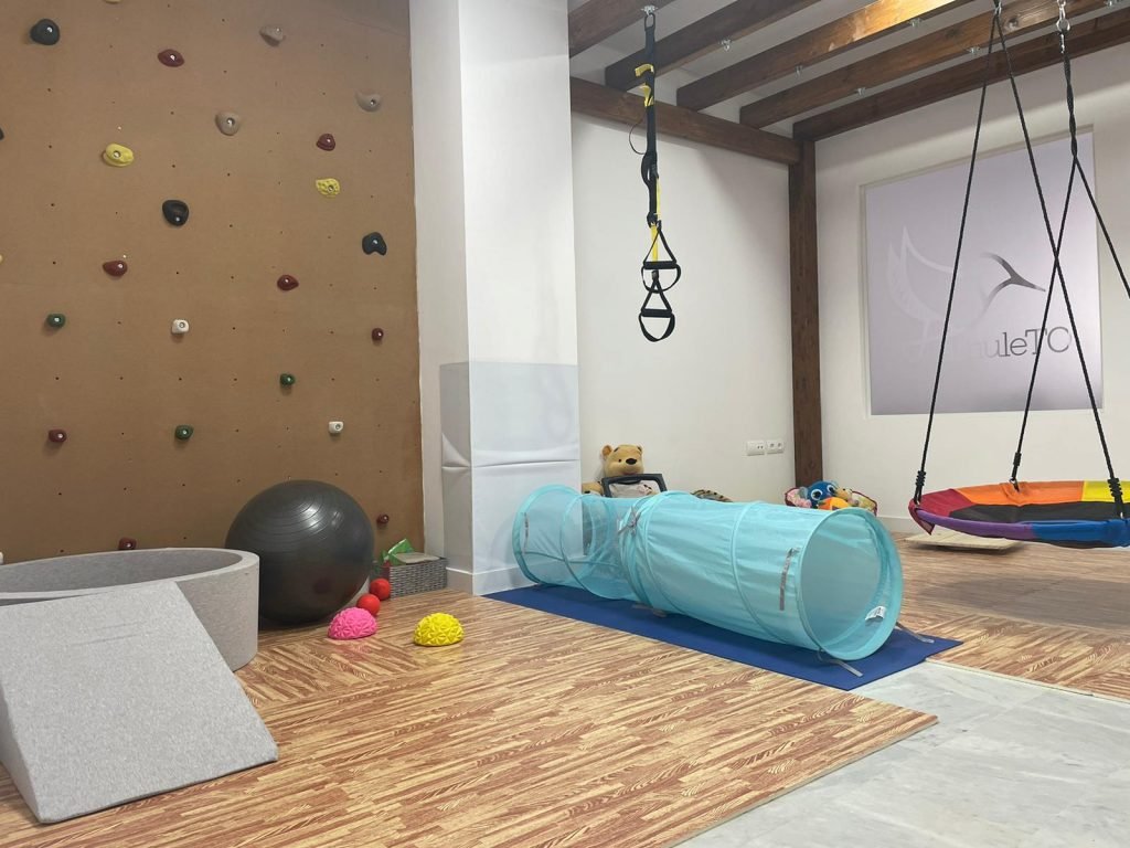 Sala de integración sensorial vista de conjunto: rocódromo, túnel de gateo, columpio de plataforma, pelota gigante y rampa de gomaespuma