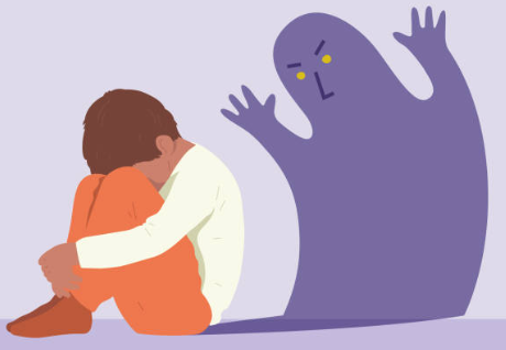 Ilustración de un niño abrazándose las rodillas con la sombra de un monstruo detrás