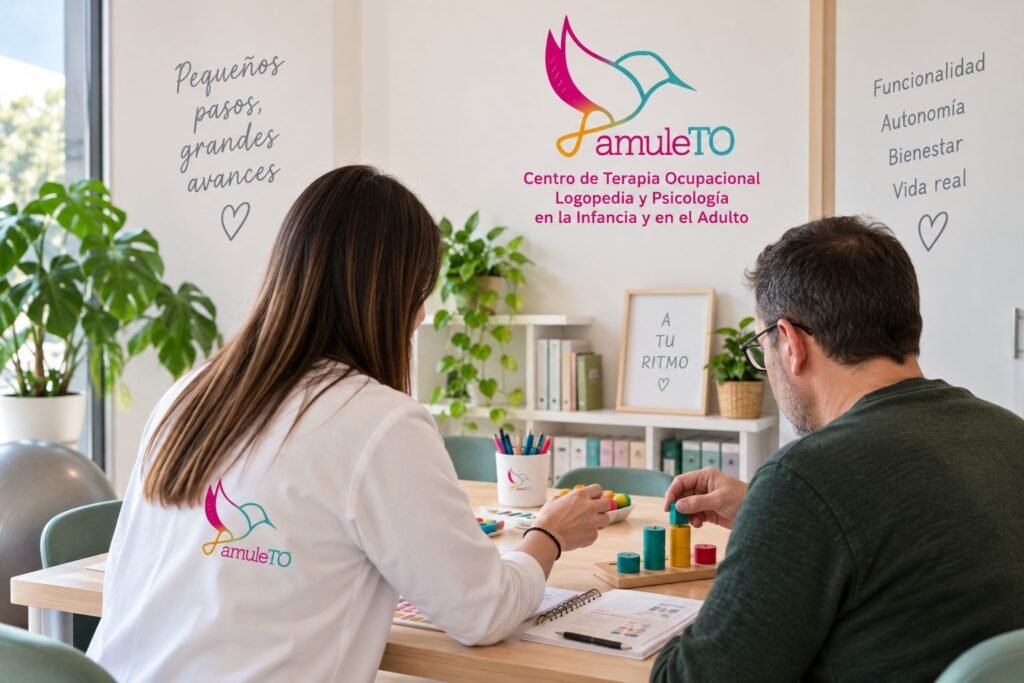 Terapeuta de amuleTO trabajando con un adulto en una tarea con piezas de madera de colores, en la consulta