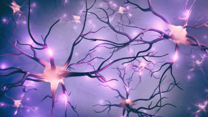 Ilustración de células del cerebro conectadas entre sí sobre fondo morado